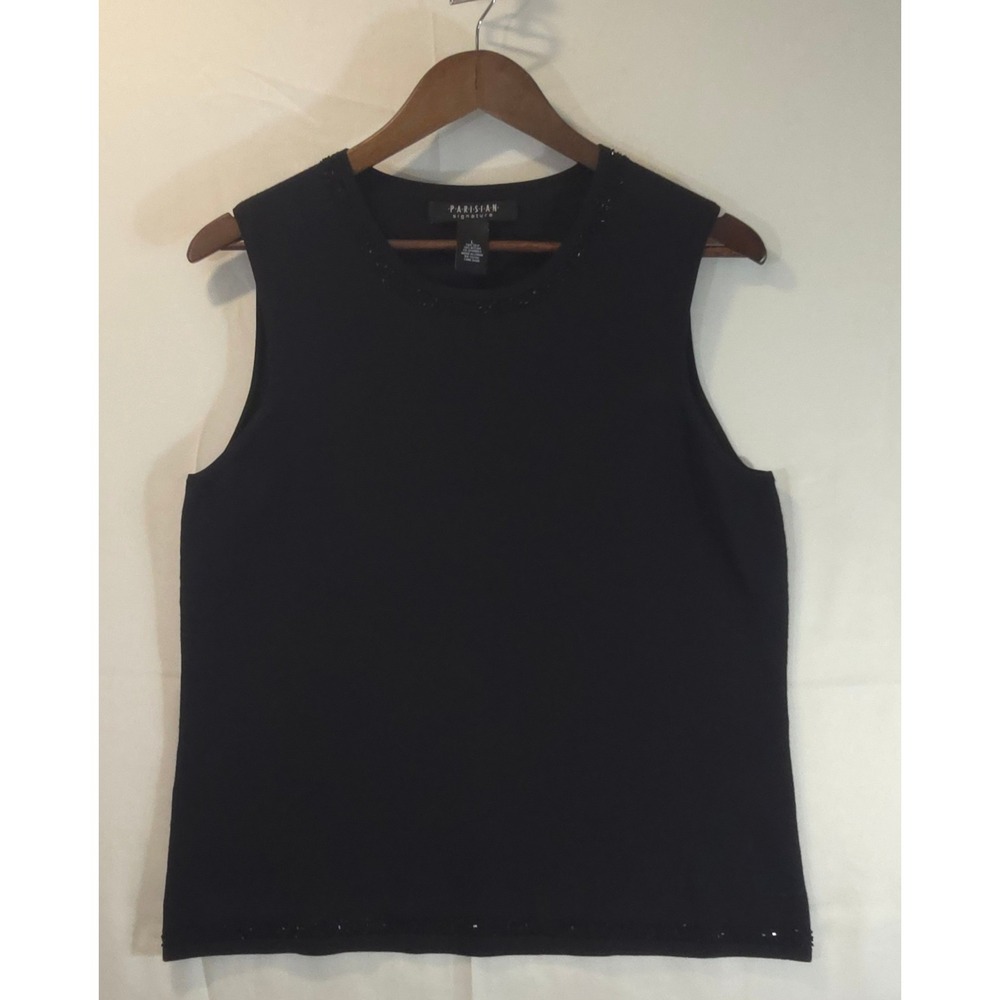 Parisian Signature Black Silk Blend Beaded Sleeveless Knit Top Shell Large